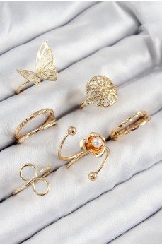 Pirinç Gül Kelebek Model Gümüş Renk Kadın Yüzük Kombin Set