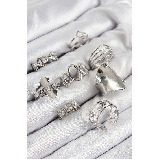 Pirinç Sarmal Ve Yıldız Model Gümüş Renk Kadın Yüzük Kombin Set