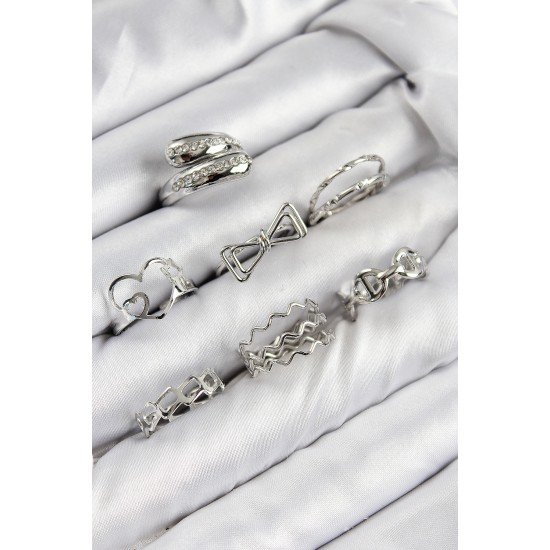 Pirinç Zirkon Taşlı Fiyonk Ve Kalp Model Gümüş Renk Kadın Yüzük Kombin Set Pirinç Zirkon Taşlı Fiyonk Ve Kalp Model Gümüş Renk Kadın Yüzük Kombin Set