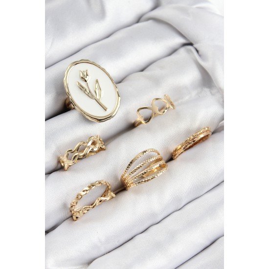 Pirinç Zirkon Taşlı Lale Model Gold Renk Kadın Yüzük Kombin Set