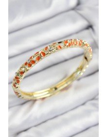 Mineli Pirinç Zirkon Taşlı Turuncu Çiçek Motifli Gold Kadın Kelepçe