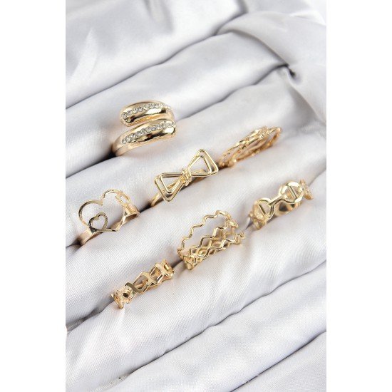 Pirinç Zirkon Taşlı Fiyonk Ve Kalp Model Gold Renk Kadın Yüzük Kombin Set