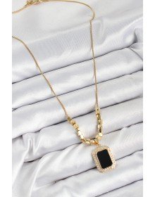 316L Çelik Zirkon Taşlı Siyah Baget Model Gold Renk Kadın Kolye