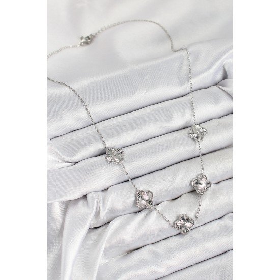 Pirinç VIP Yonca Model Gümüş Renk Kadın Kolye