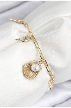 Pirinç Zirkon Taşlı İncili İstiridye Model Gold Renk Kadın Bileklik