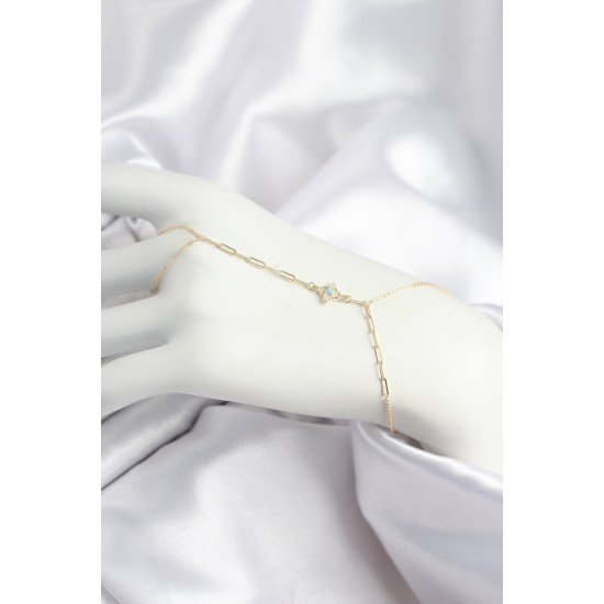 Pirinç Zirkon Taşlı Mavi Boncuklu Yonca Model Gold Renk Şahmeran