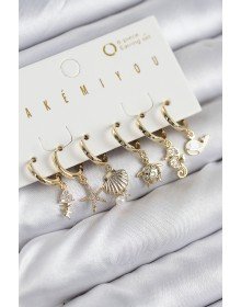 Pirinç Zirkon Taşlı İstiridye Balina Ve Yıldız Gold Renk 6'lı Küpe Set