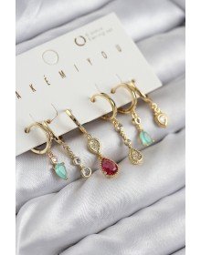 Pirinç Zirkon Taşlı Sallantılı Model Gold Renk 6'lı Küpe Set