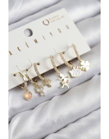 Pirinç Zirkon Taşlı Hello Kity Ve Yonca Model Gold Renk 6'lı Küpe Set