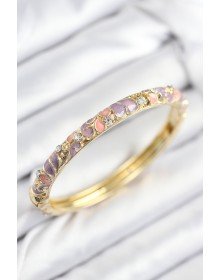 Mineli Pirinç Zirkon Taşlı Pembe Mor Çiçek Motifli Gold Kadın Kelepçe