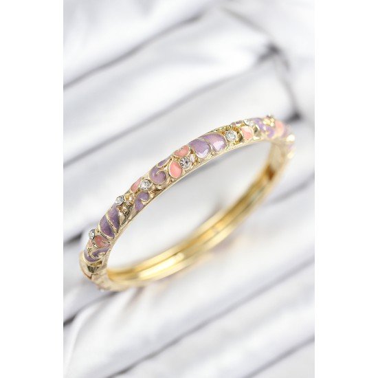Mineli Pirinç Zirkon Taşlı Pembe Mor Çiçek Motifli Gold Kadın Kelepçe Mineli Pirinç Zirkon Taşlı Pembe Mor Çiçek Motifli Gold Kadın Kelepçe