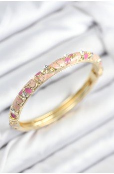 Mineli Pirinç Zirkon Taşlı Pembe Çiçek Motifli Gold Kadın Kelepçe