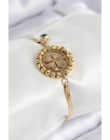 316L Çelik Nazar Boncuk Detaylı Yonca Model İtalyan Zincir Gold Renk Kadın Bileklik