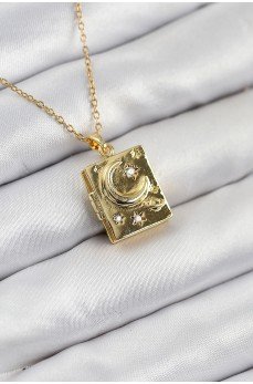 316L Çelik Zirkon Taşlı Açılabilr Kapaklı Kitap Model Gold Renk Kadın Kolye