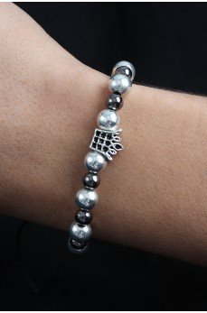 Doğal Taş Kral Tacı Model Gümüş Ve Füme Renk Asansörlü Erkek Bileklik