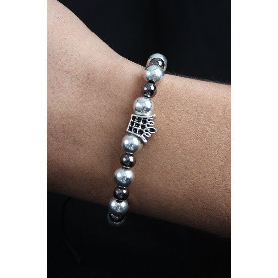 Doğal Taş Kral Tacı Model Gümüş Ve Füme Renk Asansörlü Erkek Bileklik