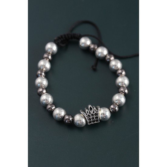 Doğal Taş Kral Tacı Model Gümüş Ve Füme Renk Asansörlü Erkek Bileklik