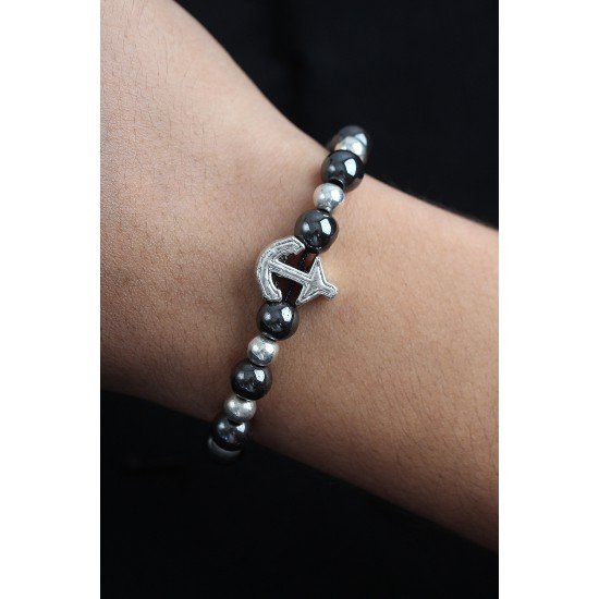 Doğal Taş Çapa Model Gümüş Ve Füme Renk Asansörlü Erkek Bileklik