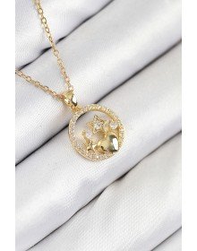 316L Çelik Zirkon Taşlı Yıldız Ve Kalp Model Gold Renk Kadın Kolye
