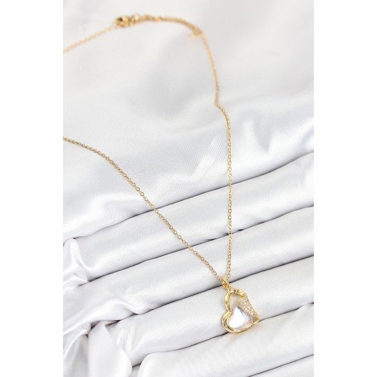 316L Çelik Zirkon Taşlı Kalp Model Gold Renk Kadın Kolye