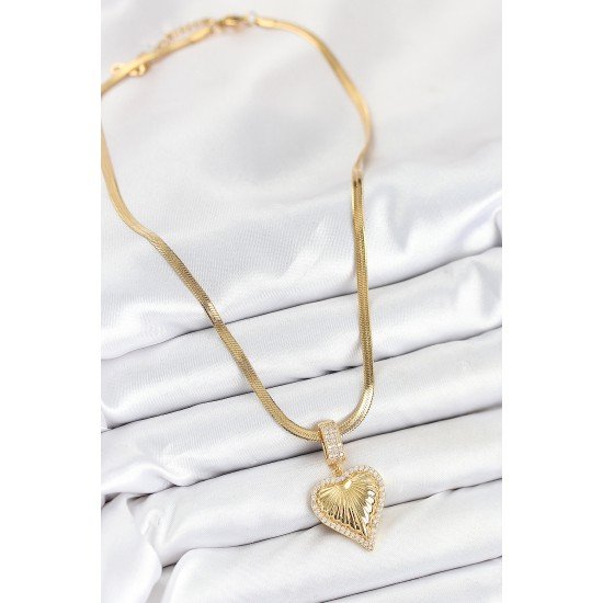 316L Çelik Zirkon Taşlı Kalp Model Gold Renk Kadın Kolye