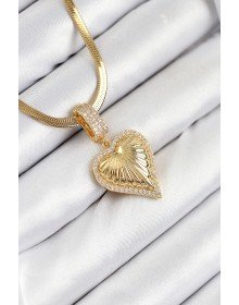 316L Çelik Zirkon Taşlı Kalp Model Gold Renk Kadın Kolye