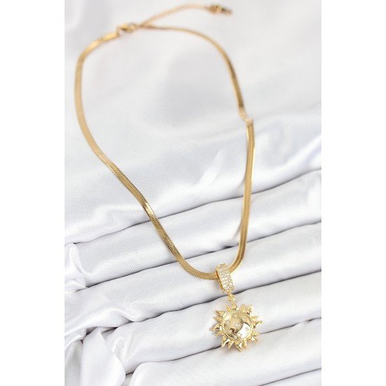 316L Çelik Zirkon Taşlı Güneş Model Gold Renk Kadın Kolye