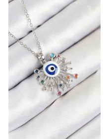 316L Çelik Zirkon Taşlı Nazar Model Gümüş Renk Kadın Kolye