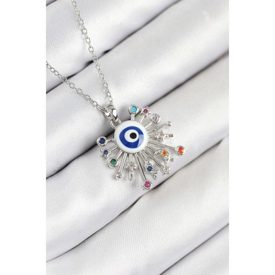 316L Çelik Zirkon Taşlı Nazar Model Gümüş Renk Kadın Kolye