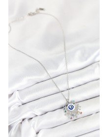 316L Çelik Zirkon Taşlı Nazar Model Gümüş Renk Kadın Kolye