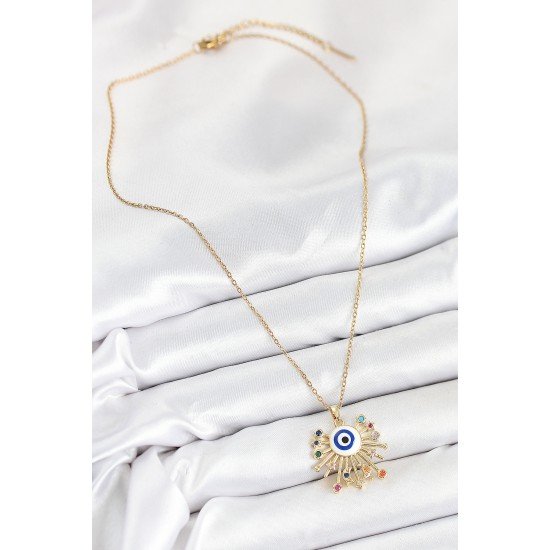 316L Çelik Zirkon Taşlı Nazar Model Gold Renk Kadın Kolye