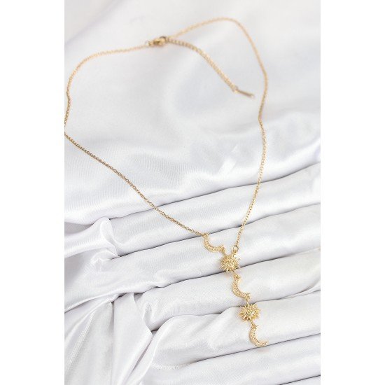 316L Çelik Zirkon Taşlı Güneş Ve Ay Model Gold Renk Kadın Kolye