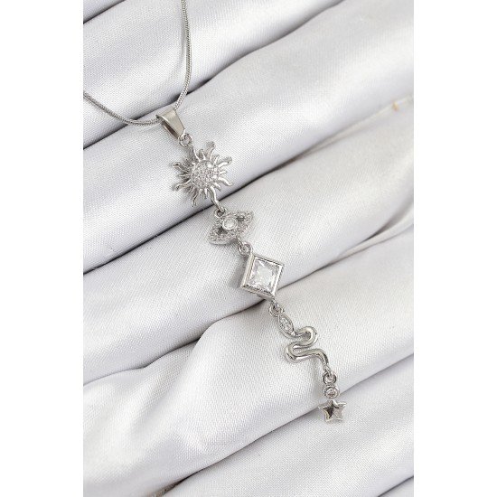 316L Çelik Zirkon Taşlı Güneş Ve Ay Enerji Model Gümüş Renk Kadın Kolye