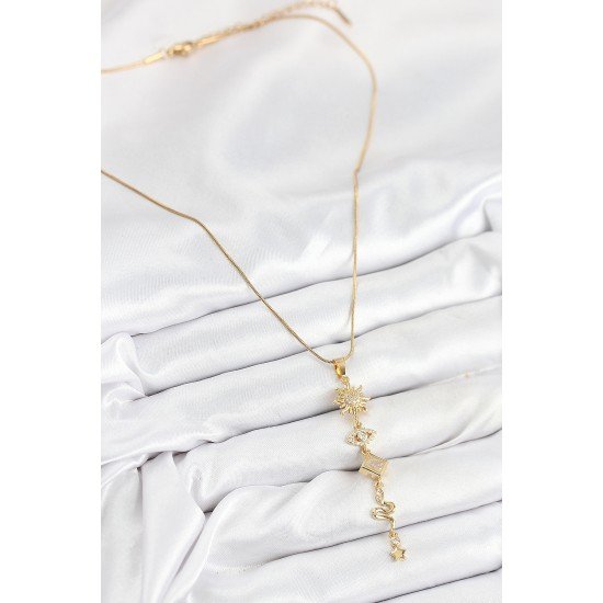 316L Çelik Zirkon Taşlı Güneş Ve Ay Enerji Model Gold Renk Kadın Kolye