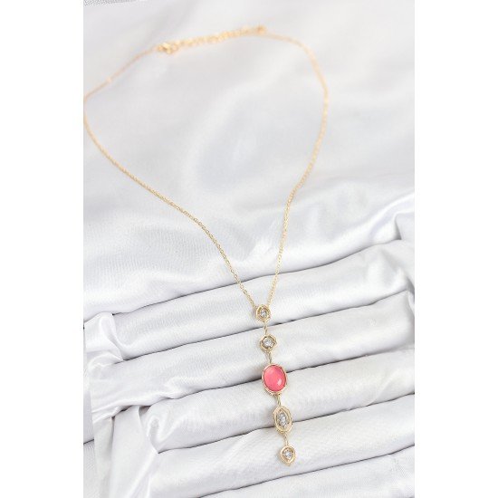 Pirinç Zincir Pembe Gold Renk Zirkon Taşlı Y Kolye