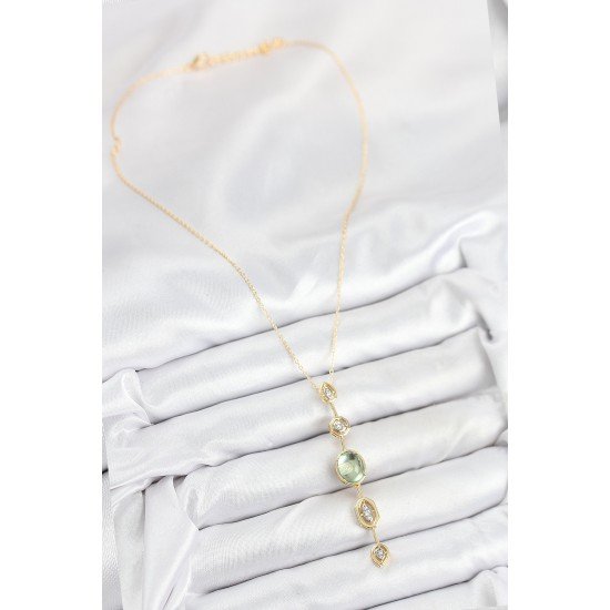 Pirinç Zincir Yeşil Gold Renk Zirkon Taşlı Y Kolye