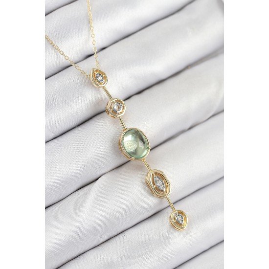 Pirinç Zincir Yeşil Gold Renk Zirkon Taşlı Y Kolye