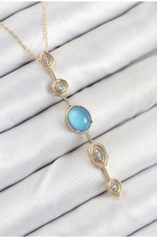 Pirinç Zincir Mavi Gold Renk Zirkon Taşlı Y Kolye