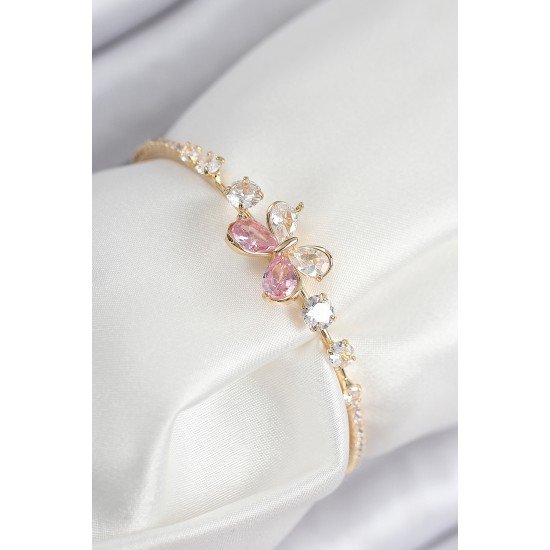 Pirinç Zirkon Taşlı Kelebek Model Gold Renk Kadın Bileklik