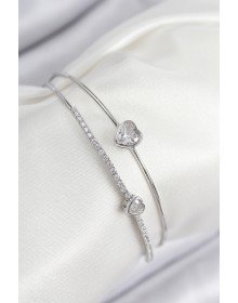 Pirinç Zirkon Taşlı Kalp Model Gümüş Renk Kadın Bileklik