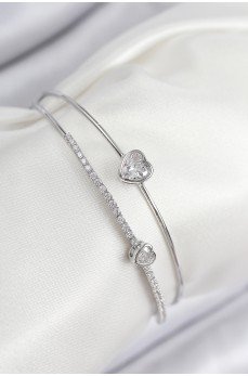 Pirinç Zirkon Taşlı Kalp Model Gümüş Renk Kadın Bileklik