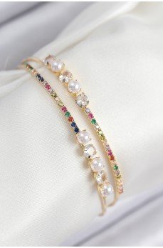 Pirinç Zirkon Taşlı İnci Model Gold Renk Kadın Bileklik