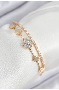 Pirinç Zirkon Taşlı Yonca Model Gold Renk Kadın Bileklik