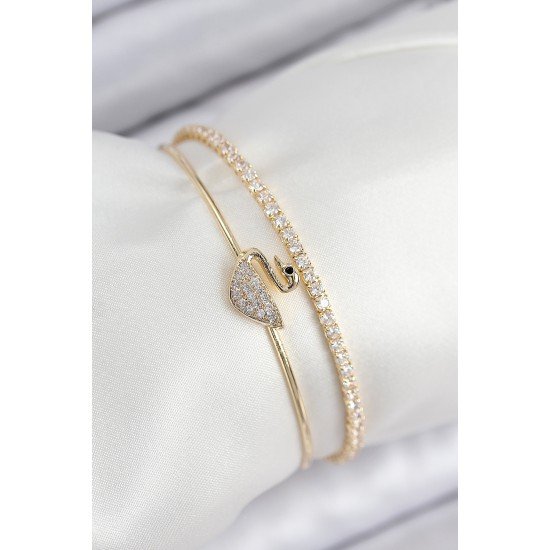 Pirinç Zirkon Taşlı Kuğu Model Gold Renk Kadın Bileklik
