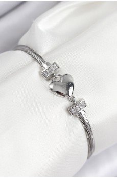 Pirinç Zirkon Taşlı Kalp Model Gümüş Renk Kadın Bileklik