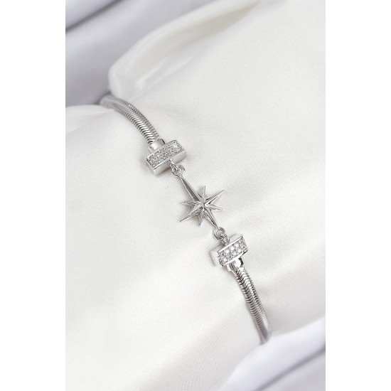 Pirinç Zirkon Taşlı Kutup Yıldızı Model Gümüş Renk Kadın Bileklik