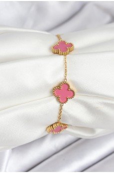 316L Çelik Gold Zincir Pembe Yonca Renk Bileklik