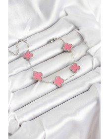 316L Çelik Gümüş Zincir Pembe Renk Yonca Bileklik