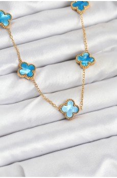 316L Çelik Zincir Gold Buz Mavisi Renk Yonca Kolye