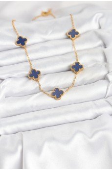 316L Çelik Zincir Gold Renk Lacivert Yonca Kadın Kolye